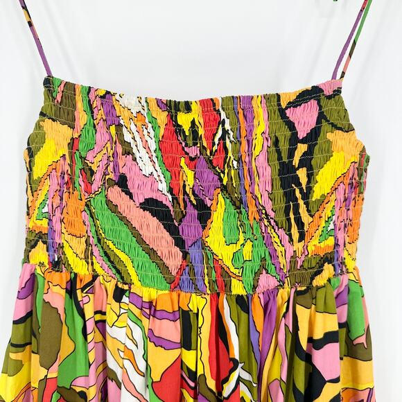 SWF Birds of Paradise A-Line Dress Smocked Square Neck Tie Shoulder Midi Floral - Picture 7 of 13